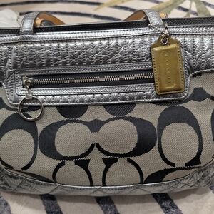 Coach Metallic Silver Leather Trim Signature Canvas Shoulder Bag